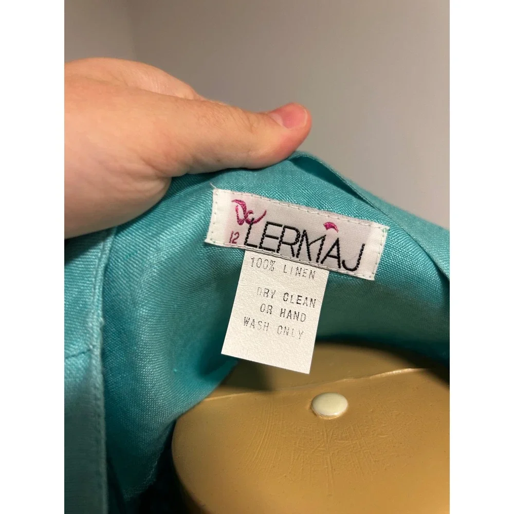 LERMAJ Vintage Teal Linen Blend Two Piece Set Lace Wrap Top Wide Leg Pants M/L